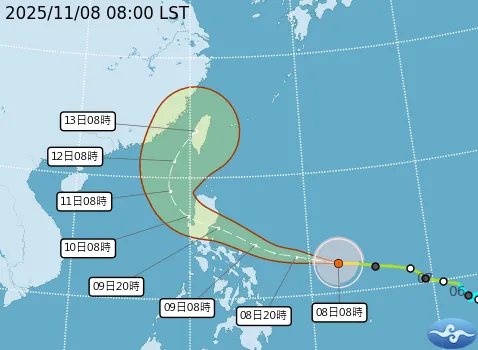 凤凰台风下周一经过吕宋岛进入南海，将大幅度北转朝台湾而来。气象署提供