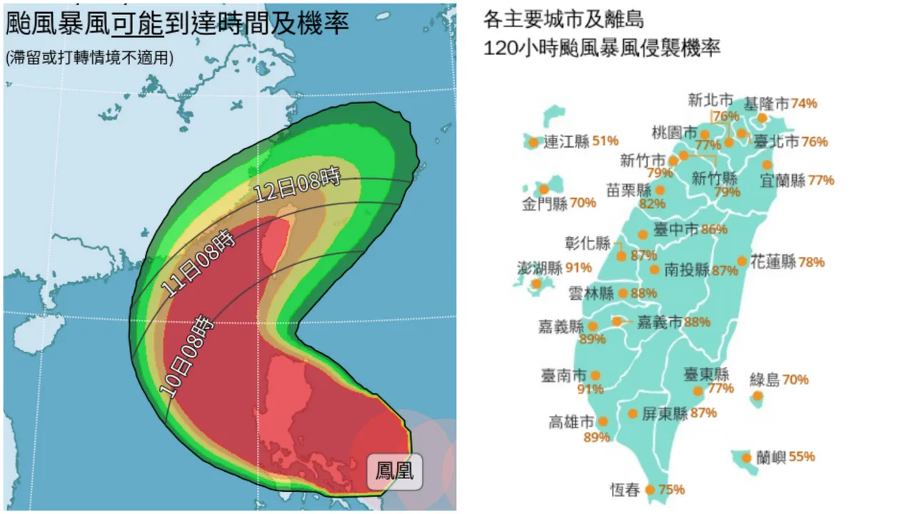 气象署暴风侵袭机率图。中央气象署