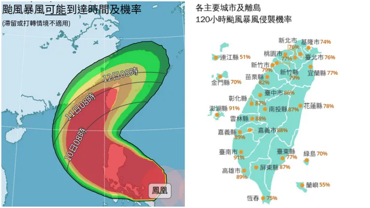 氣象署暴風侵襲機率圖。中央氣象署