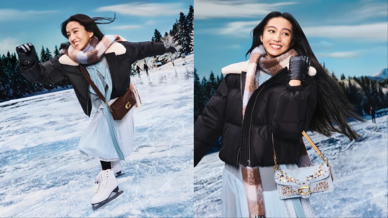 木村光希在雪地场景中愉快滑冰，手上的Tabby手袋拥有多样变化。品牌提供