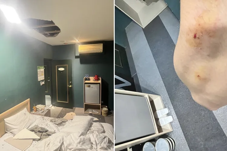 一名男房客在入住桃園中壢某旅館時，遭天花板掉落的水泥塊砸中。翻攝自臉書「爆料公社二社」
