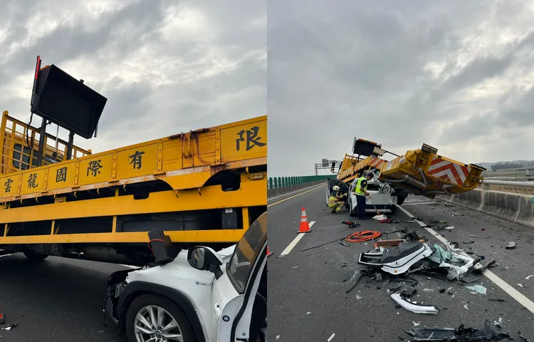 張男休旅車鑽進工程車底，張男命危送醫。翻攝畫面