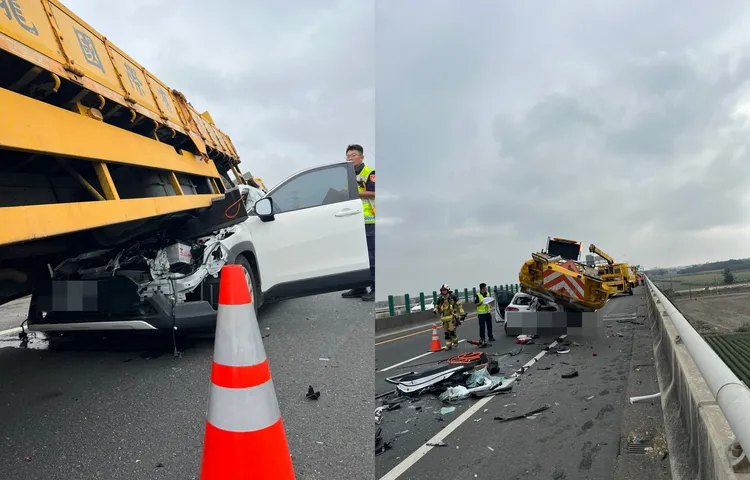 張男休旅車鑽進工程車底，張男命危送醫。翻攝畫面