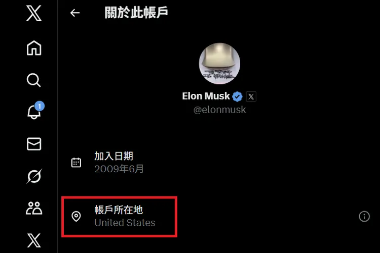 馬斯克的X頁面顯示帳號所在地。翻攝自本人X