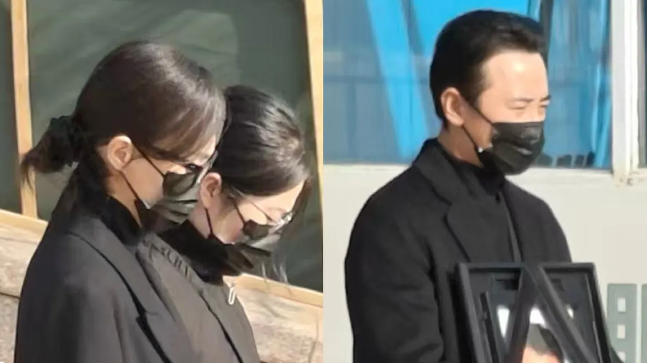 唐嫣（左）和羅晉（右）今在北京八寶山殯儀館送羅晉父親最後一程。翻攝劉一朵娛樂現場微博