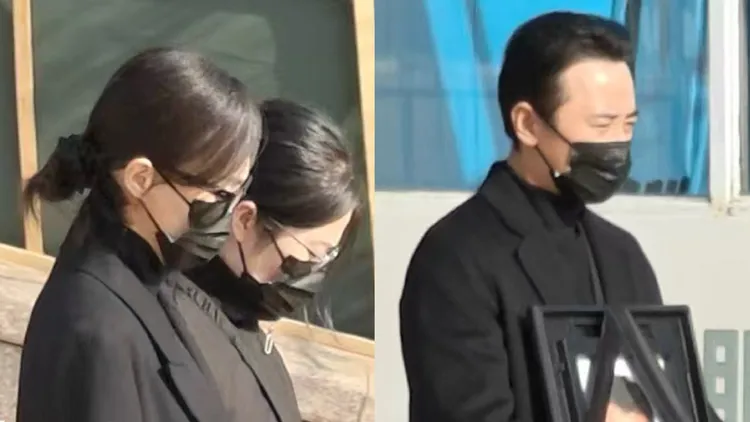 唐嫣（左）和羅晉（右）今在北京八寶山殯儀館送羅晉父親最後一程。翻攝劉一朵娛樂現場微博