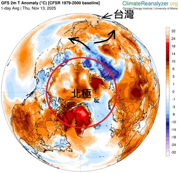 目前北極冷空氣外流中。翻攝自鄭明典臉書