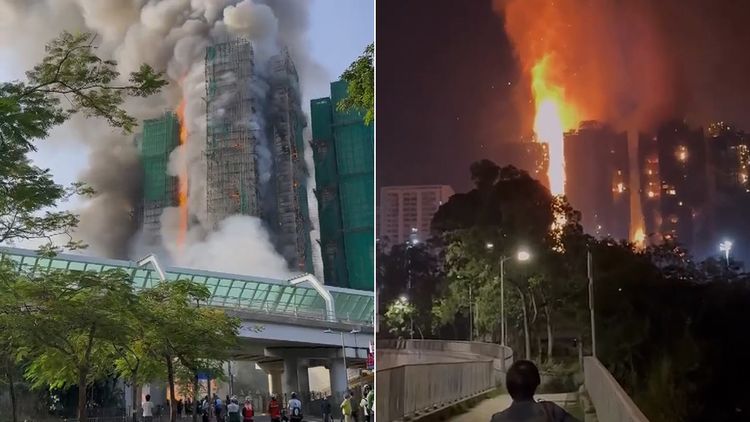 香港大火！風勢助威延燒7棟　大樓屋頂「噴出火舌」如火山爆發