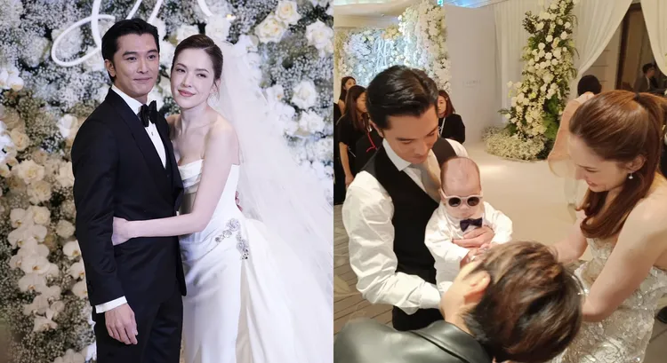 邱泽和许玮宁补办婚宴，儿子Ian现身萌翻全场。右图翻摄汤志伟脸书、左图彭欣伟摄