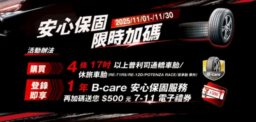 全民普发一万　普利司通推保固限时加码、买轮胎送500元电子礼券