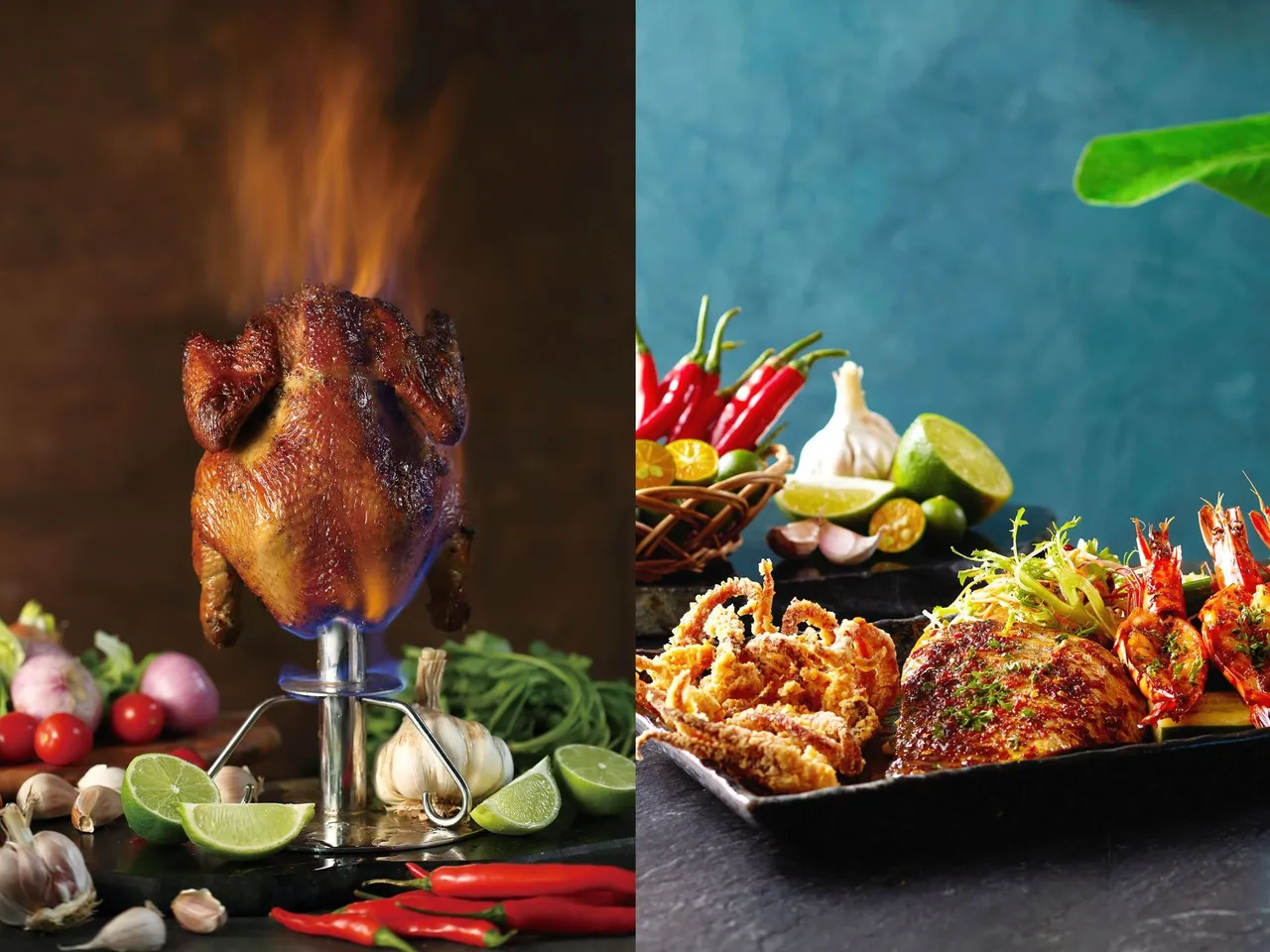 Asia49「炭烤海陸拼盤四人分享餐」包含火焰烤雞與多種燒烤海鮮料理，豐盛鮮美。台北遠東香格里拉提供