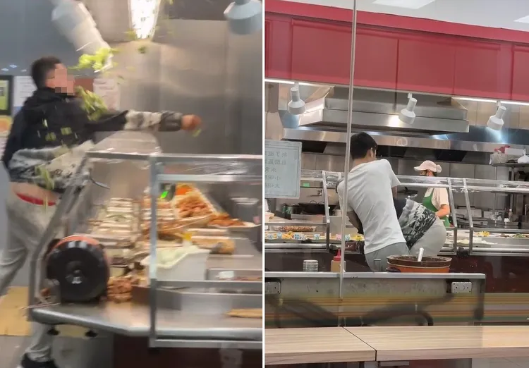 杨男要求店家请吃饭遭拒，大闹自助餐店并殴打店员，遭到热心民众制伏。翻摄Threads