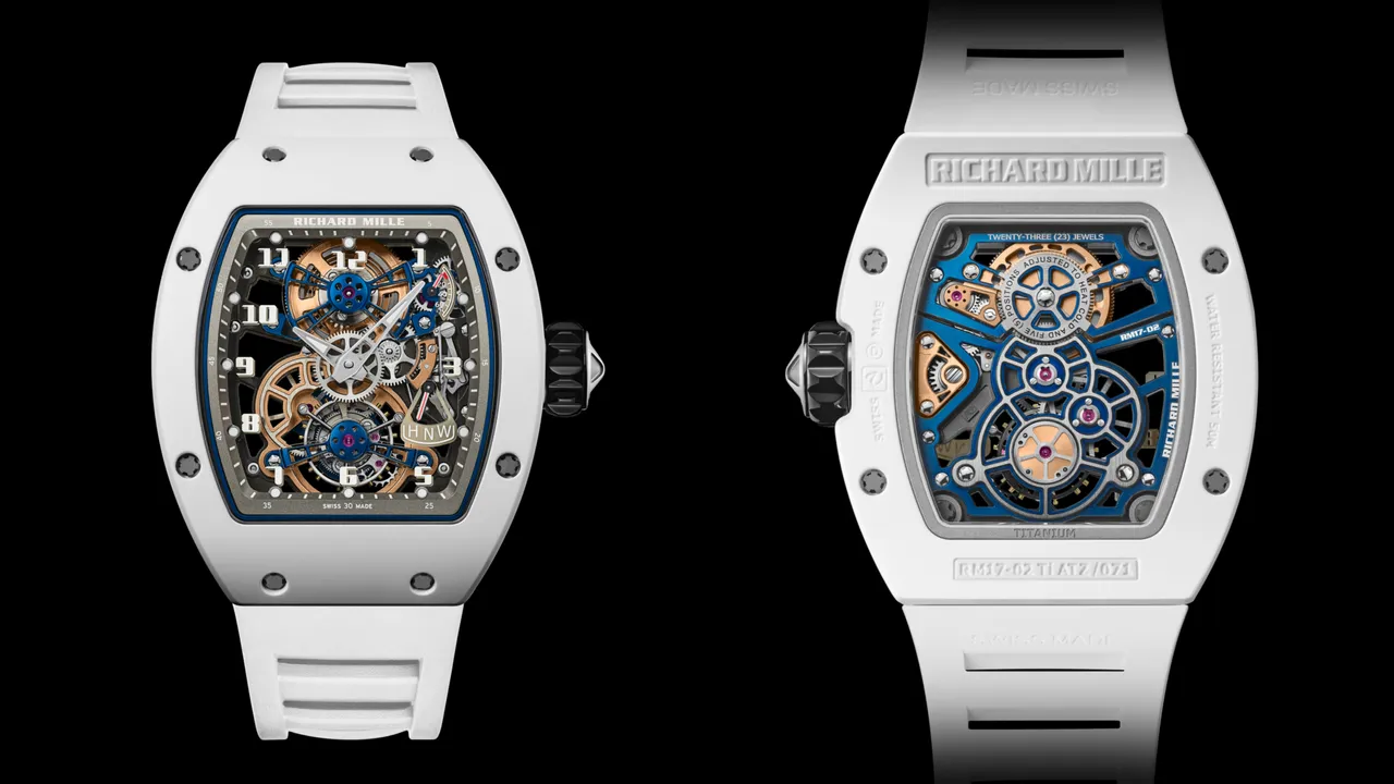 RICHARD MILLE RM 17-02陀飛輪腕錶，40.1*48.15mm，ATZ白色陶瓷錶殼，雙面防眩光處理的藍寶石水晶錶盤，RM17-02手動上鍊陀飛輪機芯，動力處儲存約70小時，防水深度50米。品牌提供