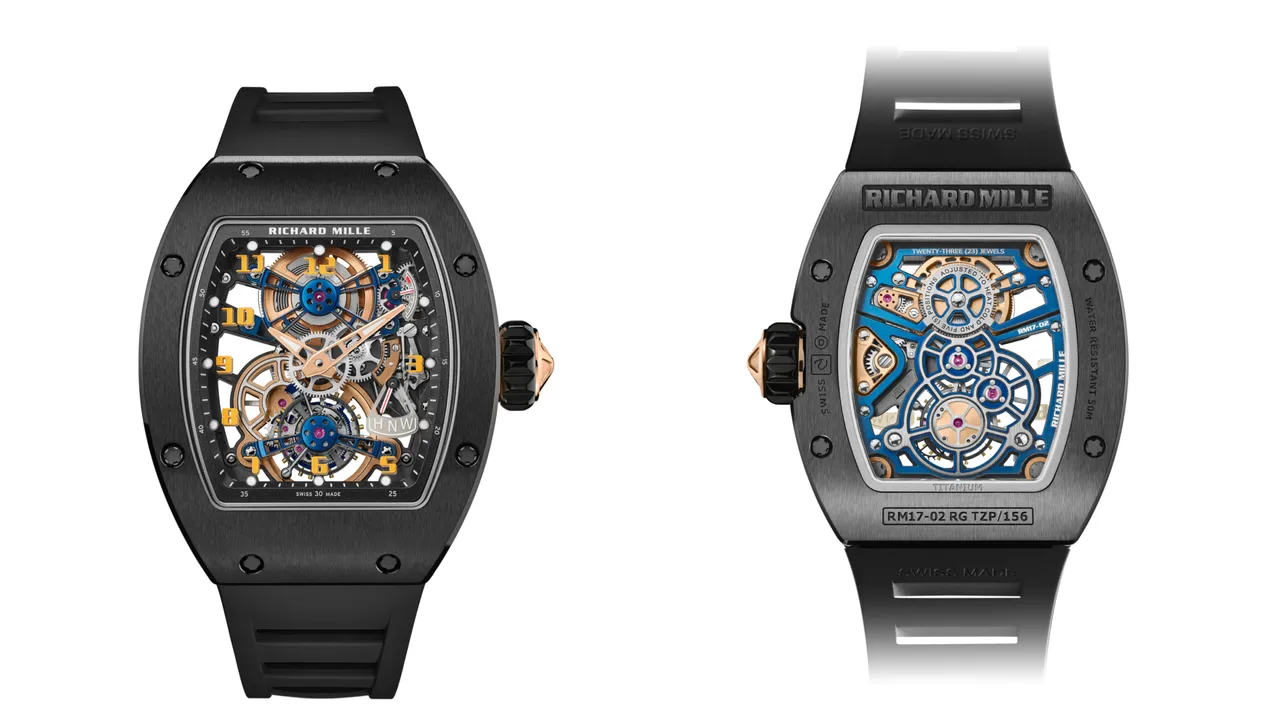 RICHARD MILLE RM 17-02陀飛輪腕錶，40.1*48.15mm，TZP黑色陶瓷錶殼，雙面防眩光處理的藍寶石水晶錶盤，RM17-02手動上鍊陀飛輪機芯，動力處儲存約70小時，防水深度50米。品牌提供
