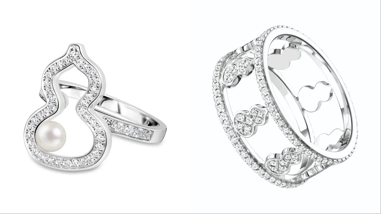 Qeelin Wulu 18K白金钻石及Akoya珍珠中号戒指（左）15万5500元、Wulu Eternity 18K白金全钻戒指（左）22万5500元。品牌提供