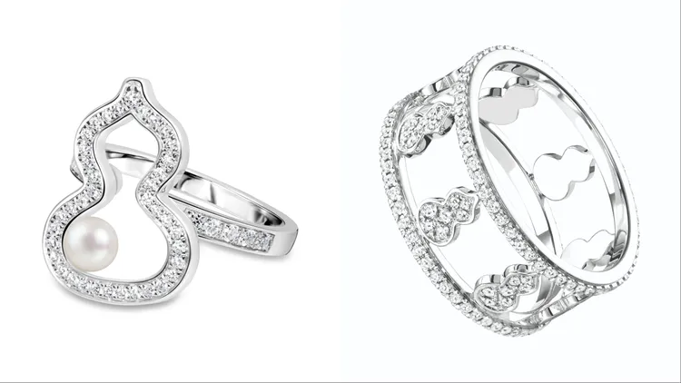 Qeelin Wulu 18K白金鑽石及Akoya珍珠中號戒指（左）15萬5500元、Wulu Eternity 18K白金全鑽戒指（左）22萬5500元。品牌提供