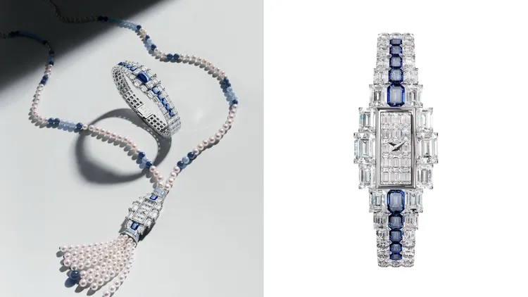 江詩丹頓Grand Lady Kalla高級珠寶時計藍寶石款，19.4*30.1mm，18K白金錶殼，18K白金錶鍊，1212石英機芯，18K白金珠寶吊墜，白色絲綢長項鍊，尼龍流蘇。品牌提供