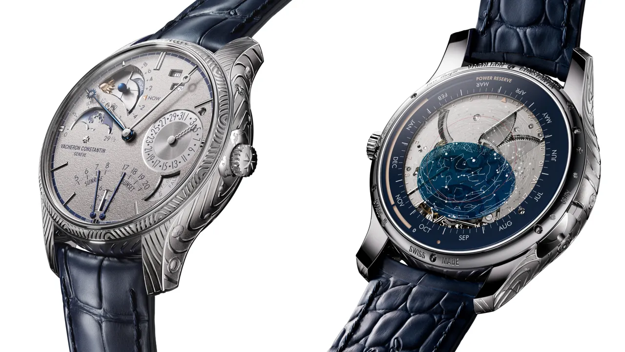 江诗丹顿阁楼工匠Celestial Astronomical天体超卓复杂腕表Homage to Copernicus，45mm，18K白金手工雕刻表壳，18K白金粒纹表盘，深蓝色密西西比鳄鱼皮表带，3600手动上链机械机芯，动力储存约3周，防水深度30米，限量1只。品牌提供