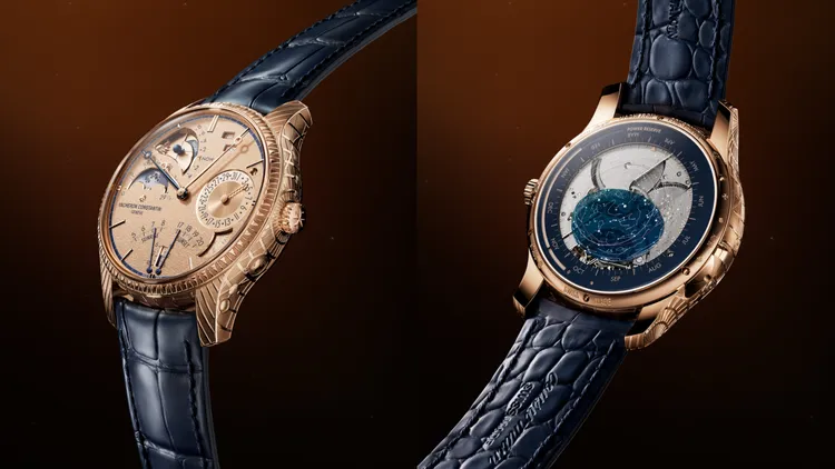 江詩丹頓閣樓工匠Celestial Astronomical天體超卓複雜腕錶Homage to Copernicus，45mm，18K 5N粉紅金手工雕刻錶殼，18K 5N粉紅金粒紋錶盤，深藍色密西西比鱷魚皮錶帶，3600手動上鍊機械機芯，動力儲存約3周，防水深度30米，限量1只。品牌提供