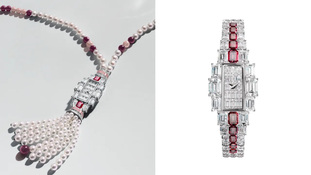 江诗丹顿Grand Lady Kalla高级珠宝时计红宝石款，19.4*30.1mm，18K白金表壳，18K白金表炼，1212石英机芯，18K白金珠宝吊坠，白色丝绸长项链，尼龙流苏。品牌提供