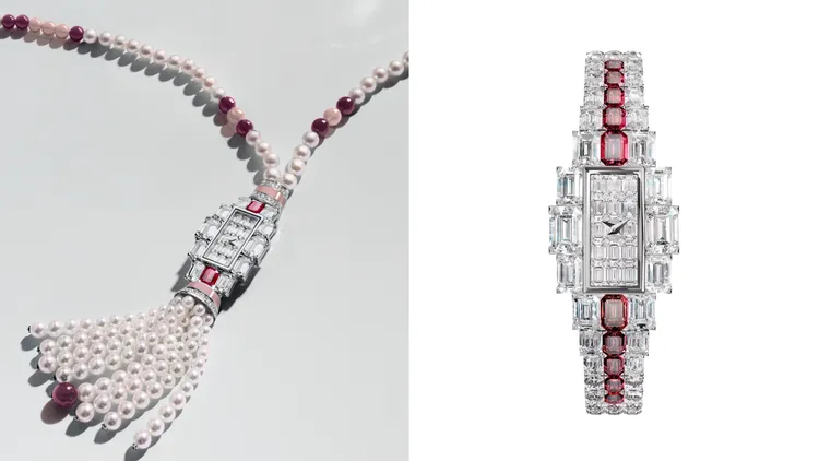 江詩丹頓Grand Lady Kalla高級珠寶時計紅寶石款，19.4*30.1mm，18K白金錶殼，18K白金錶鍊，1212石英機芯，18K白金珠寶吊墜，白色絲綢長項鍊，尼龍流蘇。品牌提供