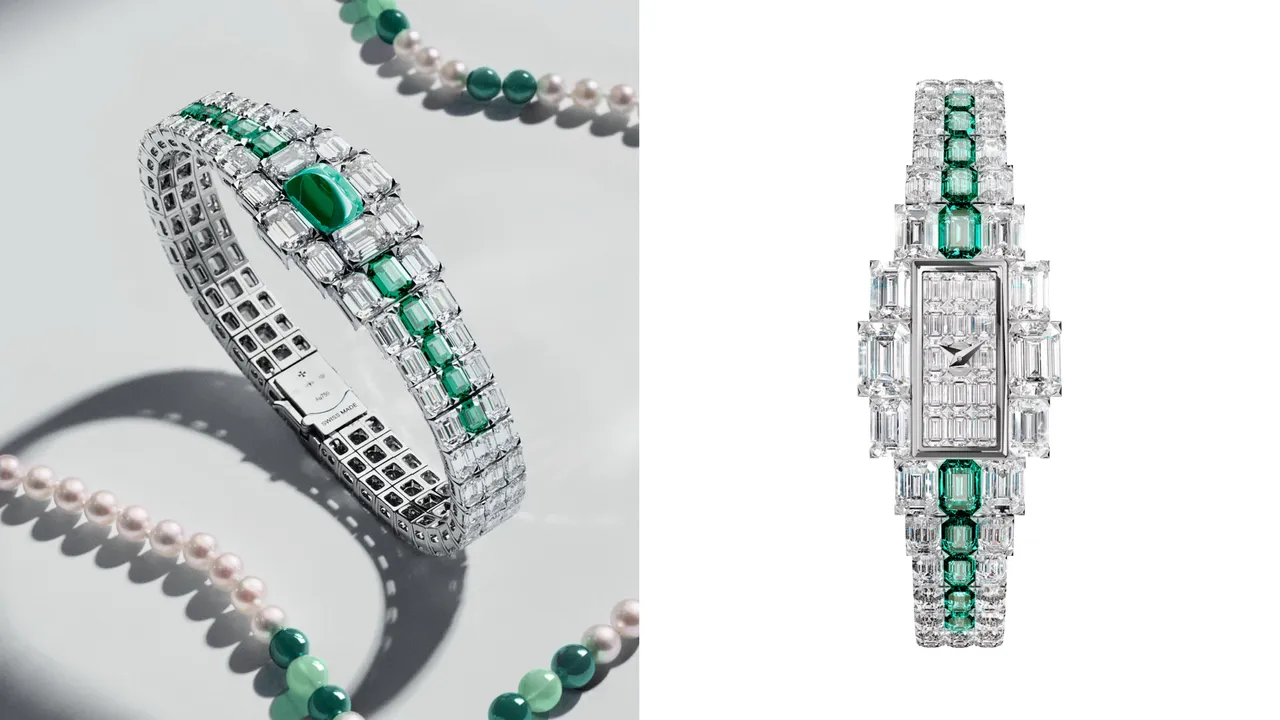 江诗丹顿Grand Lady Kalla高级珠宝时计祖母绿款，19.4*30.1mm，950铂金表壳，950铂金表炼，1212石英机芯，950铂金珠宝吊坠，白色丝绸长项链，尼龙流苏。品牌提供