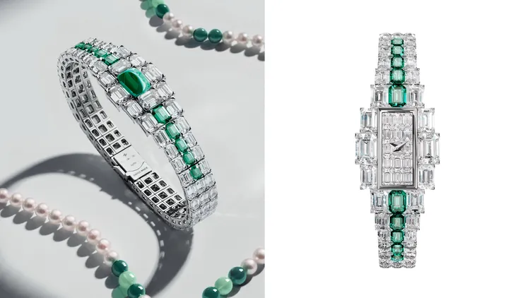 江詩丹頓Grand Lady Kalla高級珠寶時計祖母綠款，19.4*30.1mm，950鉑金錶殼，950鉑金錶鍊，1212石英機芯，950鉑金珠寶吊墜，白色絲綢長項鍊，尼龍流蘇。品牌提供