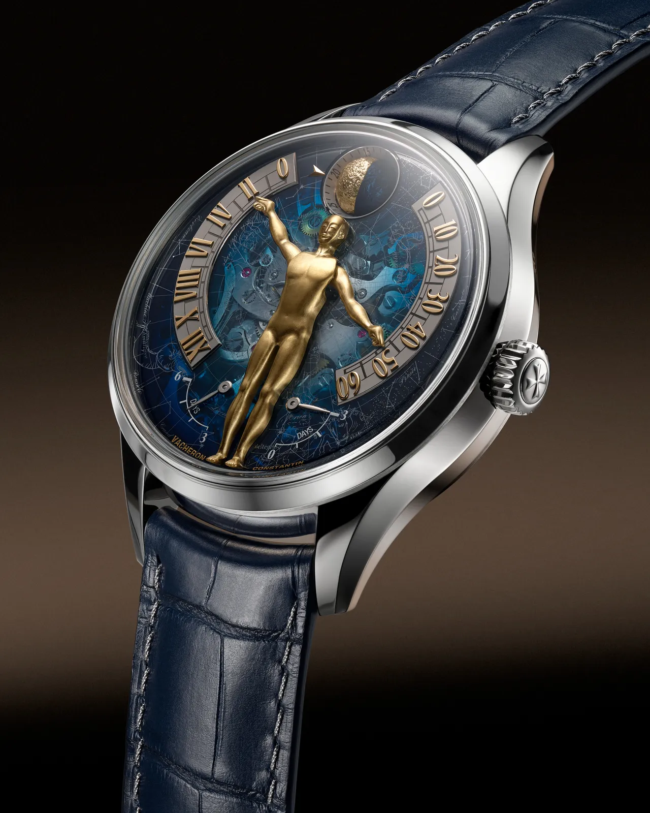 江诗丹顿Métiers d’Art艺术大师系列Tribute to the Quest of Time腕表，43mm，18K白金表壳，双层蓝宝石水晶表盘（钛金属三维立体人偶&立体月亮），深蓝色鳄鱼皮表带，3670手动上链机械机芯，动力储存144小时，防水深度30米，限量20只。品牌提供