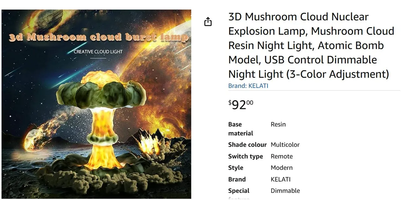 Ningning買的產品為3D蘑菇雲核爆造型檯燈。翻攝Amazon