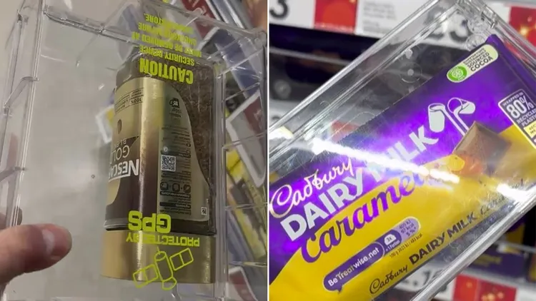 英国超市内许多并不昂贵的商品，如今也都被业者加上防盗盒保护。翻摄自X