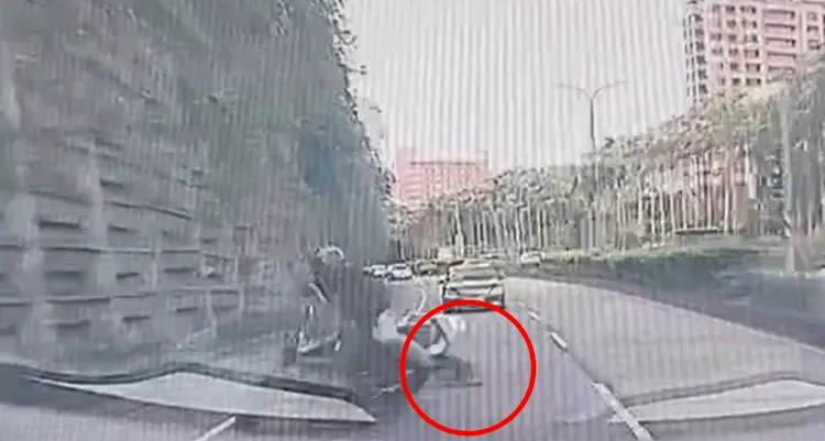 汽車行車紀錄器拍下紅牌重機壓到獼猴摔車的一瞬間。翻攝畫面