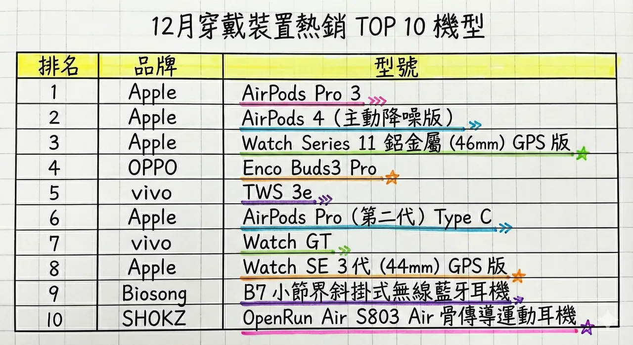 12月穿戴装置热销TOP 10榜单显示，Apple相关产品包办前3名；Android阵营则由OPPO、vivo耳机与智慧手表撑场。杰升通信提供，AI制表