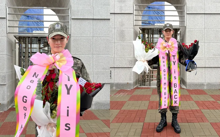 泰容脖子被掛上彩帶慶祝退役。翻攝NCT IG