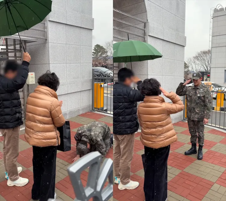 泰容跪下向父母行大禮，接著舉手敬禮。翻攝NCT IG