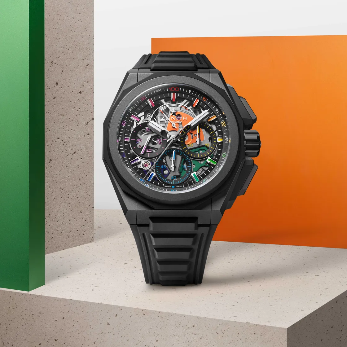 ZENITH DEFY EXTREME 挑战极限炫彩腕表 (黑)，45mm，微喷砂钛金属表壳，黑色镂空表盘，黑色橡胶 / 钛金属 / 黑色Velcro魔术贴表带，El Primero 9004机芯，动力储存50小时，防水深度200米，限量100只，72万4300元。品牌提供