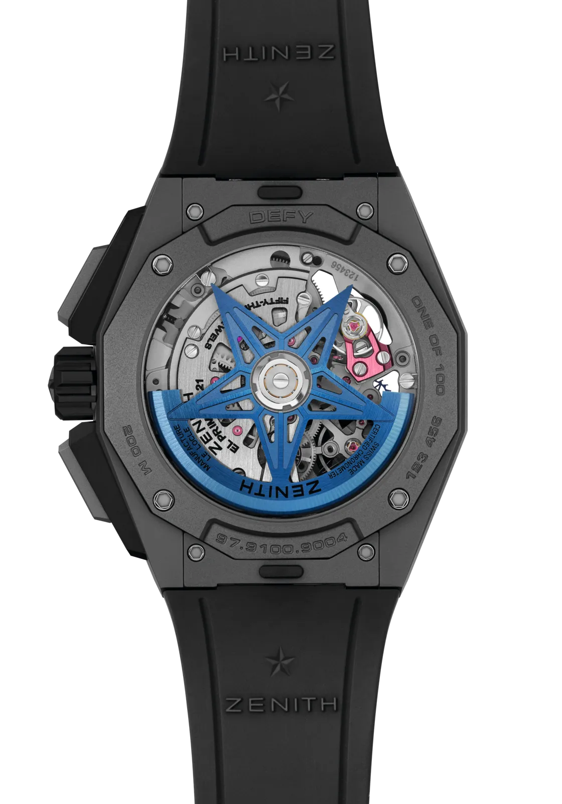 ZENITH DEFY EXTREME 挑战极限炫彩腕表 (黑)，45mm，微喷砂钛金属表壳，黑色镂空表盘，黑色橡胶 / 钛金属 / 黑色Velcro魔术贴表带，El Primero 9004机芯，动力储存50小时，防水深度200米，限量100只，72万4300元。品牌提供