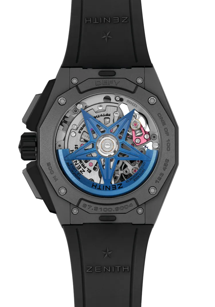 ZENITH DEFY EXTREME 挑戰極限炫彩腕錶 (黑)，45mm，微噴砂鈦金屬錶殼，黑色鏤空錶盤，黑色橡膠 / 鈦金屬 / 黑色Velcro魔術貼錶帶，El Primero 9004機芯，動力儲存50小時，防水深度200米，限量100只，72萬4300元。品牌提供