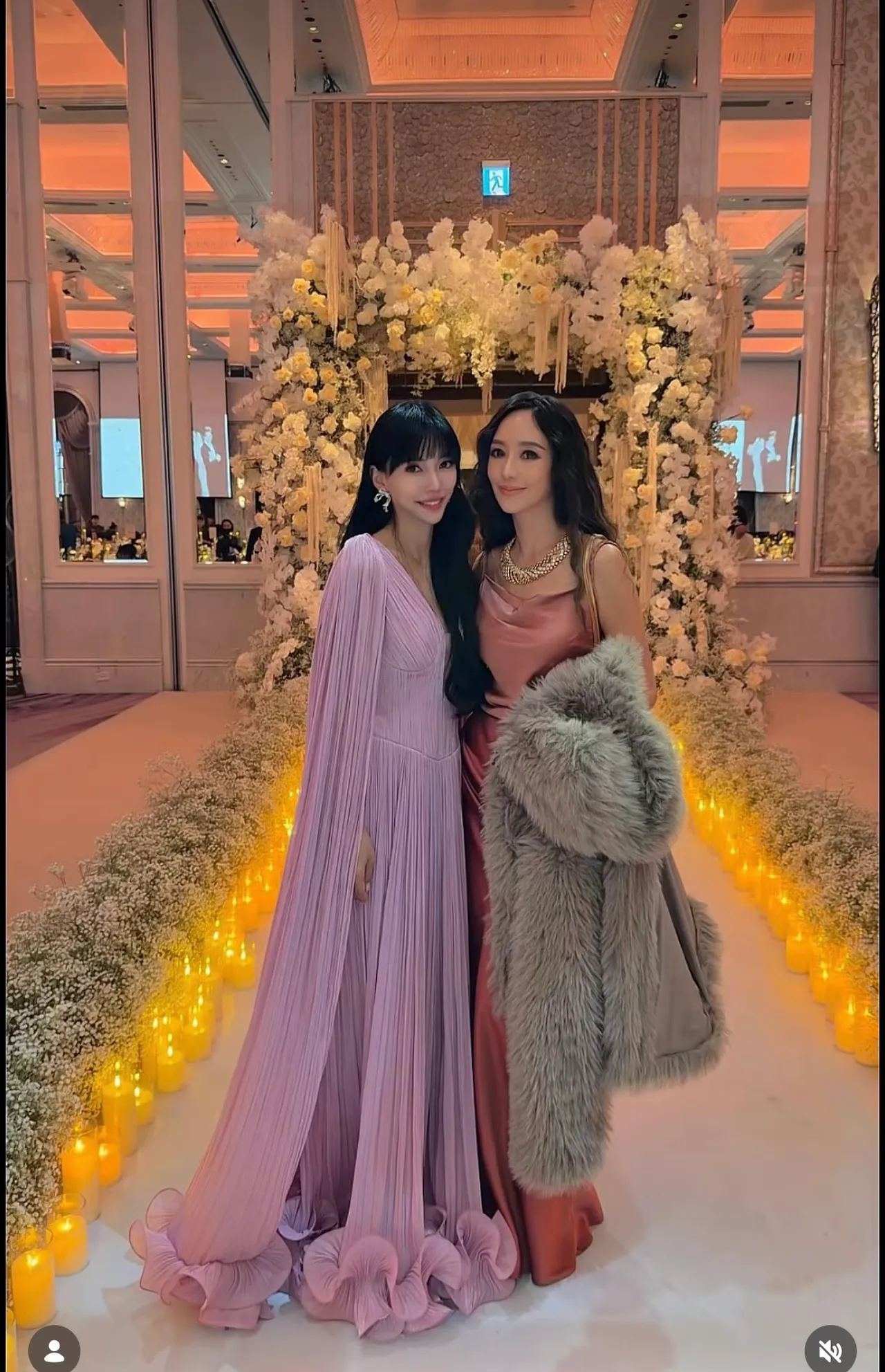 李靓蕾（左）以一袭粉色披风礼服出席。翻摄IG