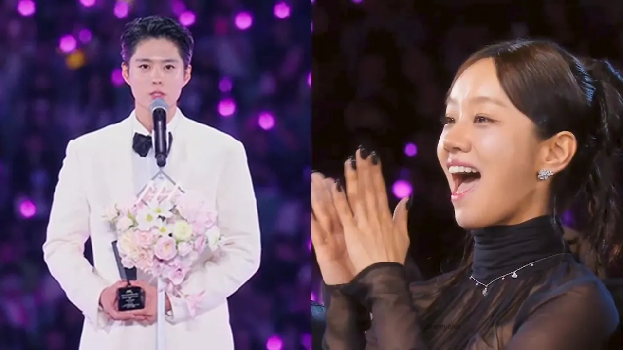 朴宝剑（左图）领奖时，不忘提到《请回答1988》搭档惠利，宣传10周年纪念节目。翻摄Weverse