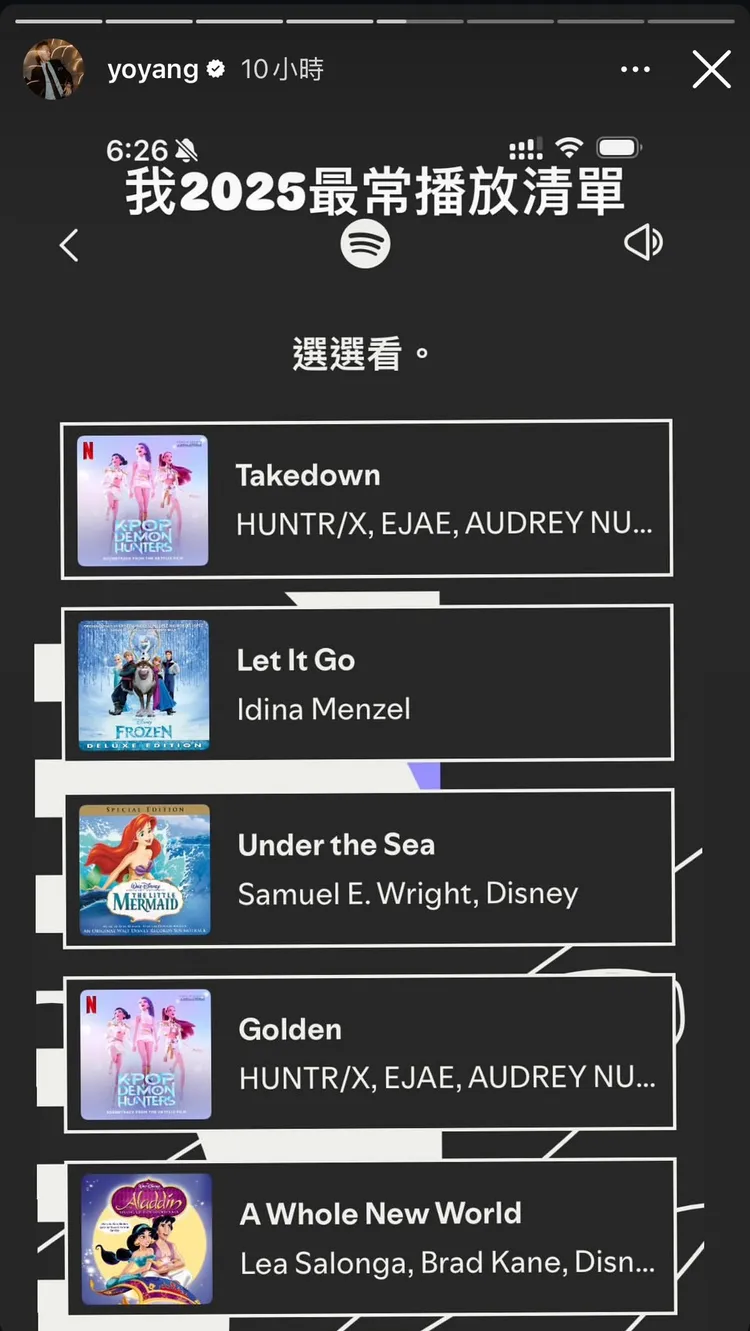 楊祐寧秀出音樂串流平台年度歌單，全都是女兒喜歡的歌。翻攝自楊祐寧IG