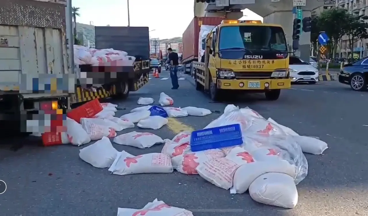 一袋袋白色杂粮包散落一地，阻碍交通。翻摄画面