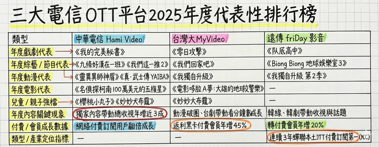 三大电信公布2025年度OTT代表榜单，从戏剧、综艺到动漫的热门作品全面曝光，也揭示各平台在付费会员成长与内容策略上的差异。中华电信、台湾大哥大、远传电信资料、AI制表