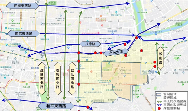 跨年夜信義計畫區實施三階段交通管制，將視現場狀況擴大範圍。台北市交通局提供