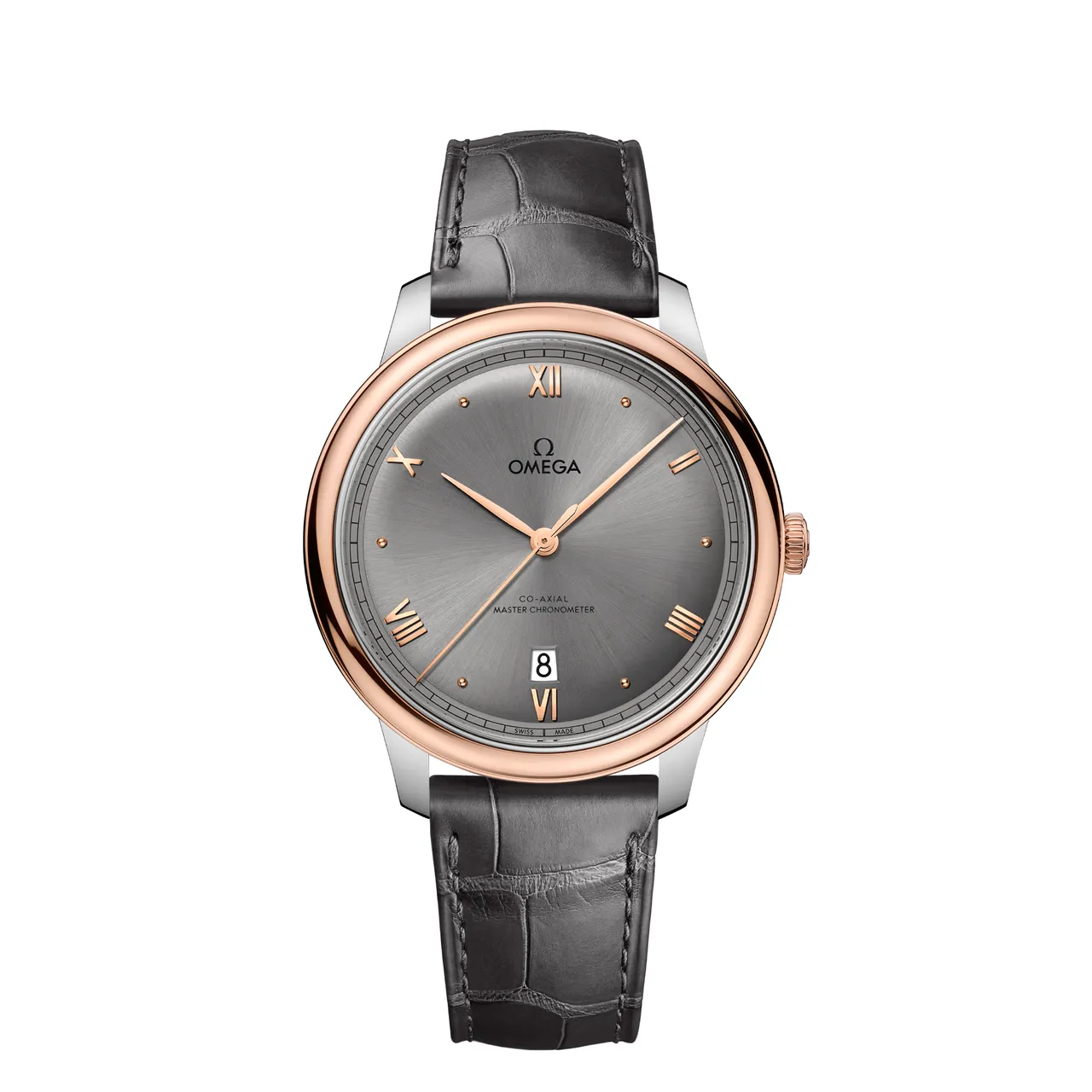 OMEGA碟飞系列典雅系列（40mm），不锈钢Sedna金表壳搭配皮革表戴