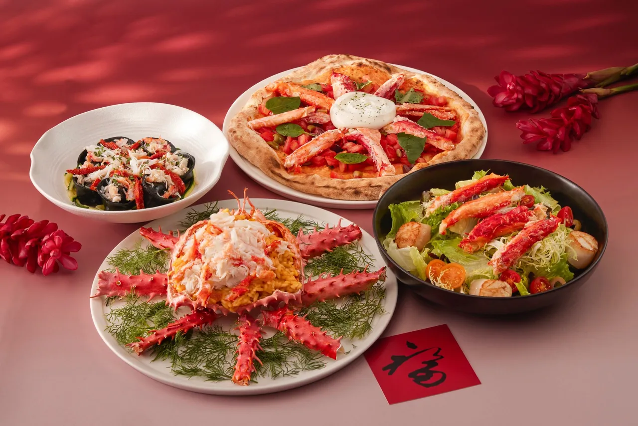 四人份「奢华帝王蟹分享餐」1万3888元，帝王蟹腿搭配比萨、海鲜沙拉、蟹饺番茄汤与蟹肉海胆炖饭，澎湃海味满足小家庭团聚。台北喜来登大饭店提供
