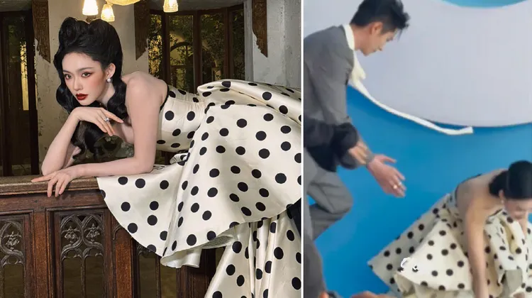 林允穿复古味礼服出席爱奇艺「尖叫之夜」，不小心跌倒，丞磊连忙扶她。左图翻摄林允微博，右图翻摄双门一棵小趴菜微博