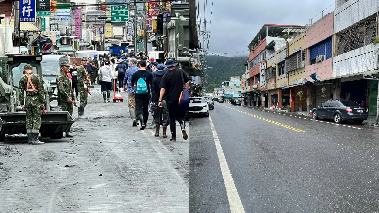 在铲子超人协助下，光复车站前虽已无淤泥，但多数店家仍未复业。台铁提供