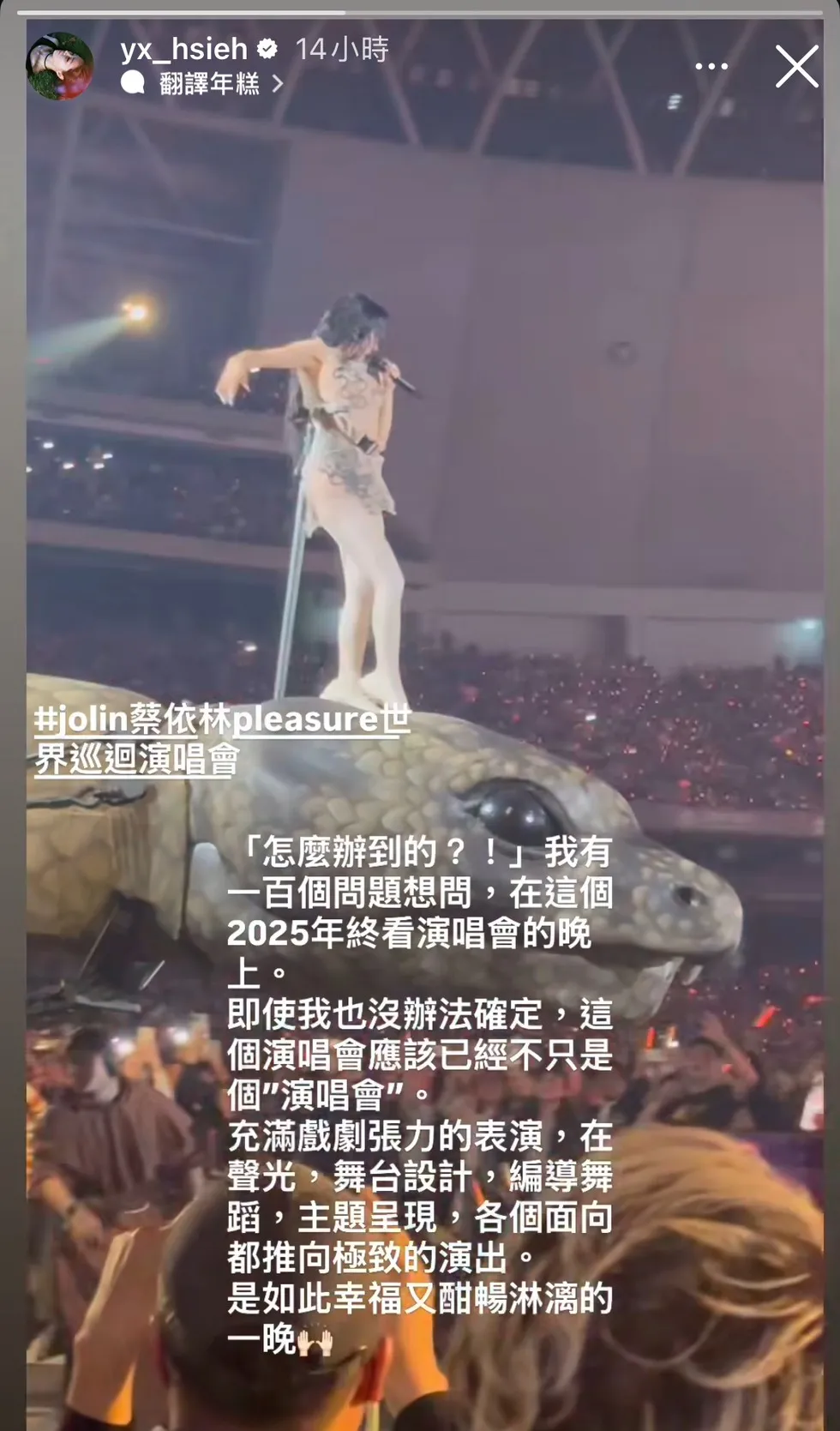 谢盈萱看完演唱会，内心澎派。翻摄自谢盈萱IG