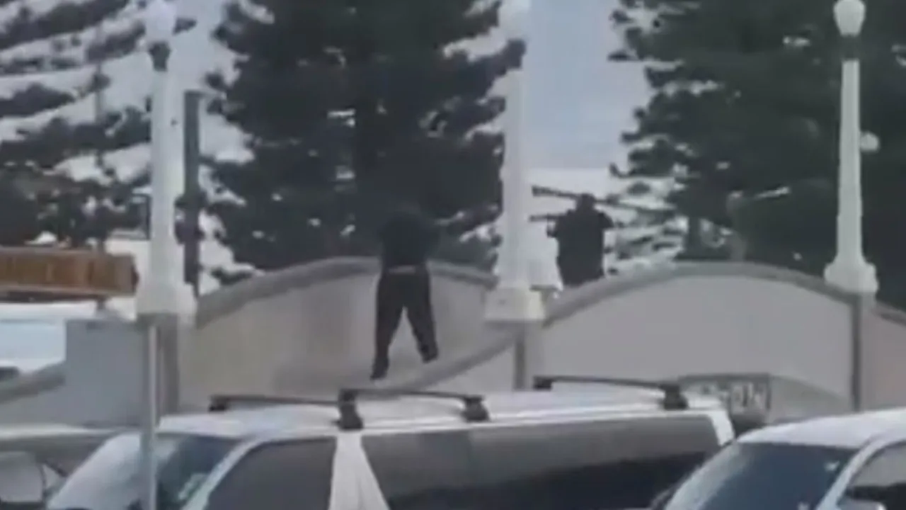 枪手站在停车场与海滩连接的小桥制高点，往下射击。9NEWS