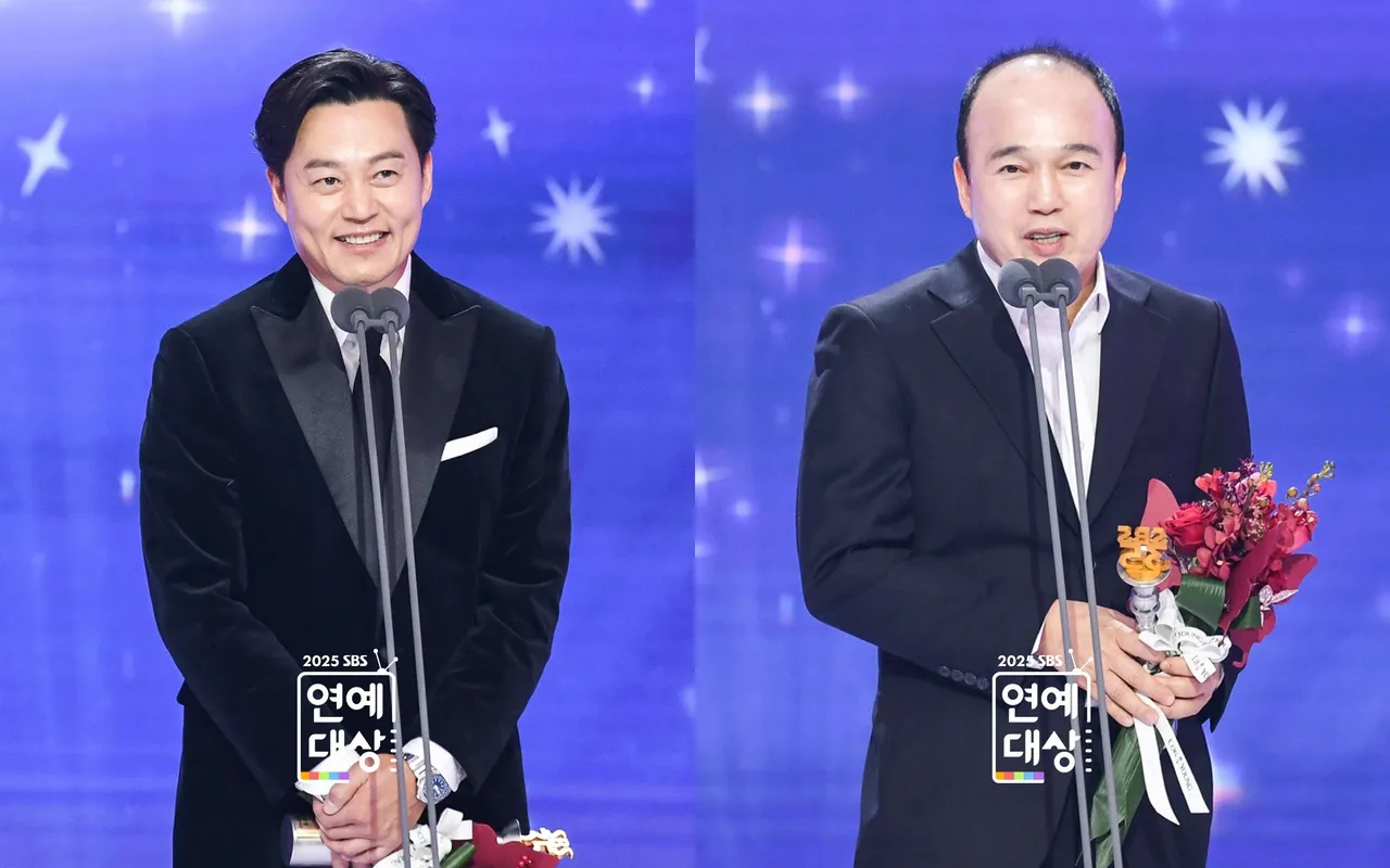 李瑞镇（左图）、金光奎在《秘书镇》展现好默契，得到最优秀奖。翻摄SBS